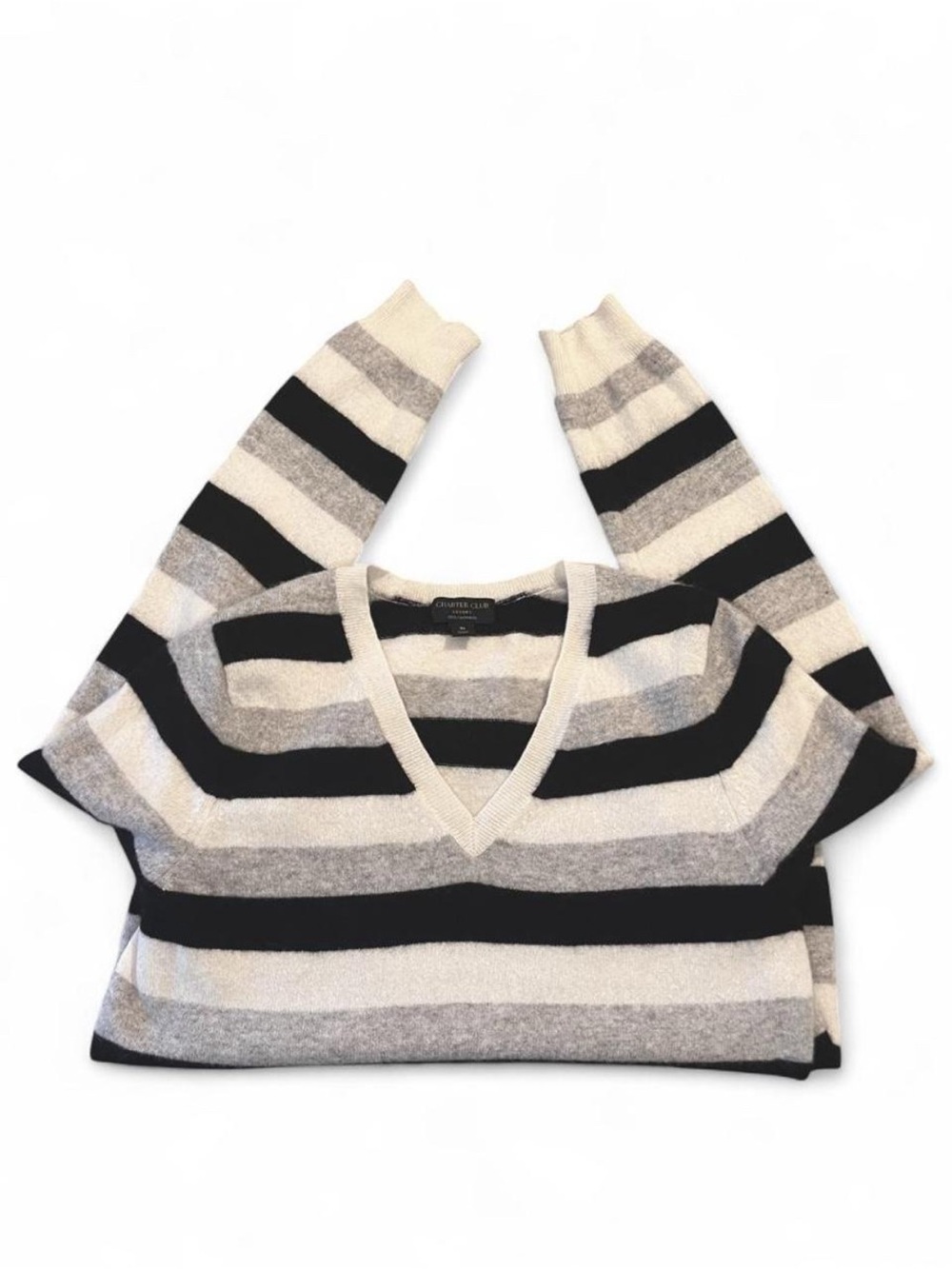 Charter Club 100% Cashmere Striped V-Neck Sweater in Black, White & Gray